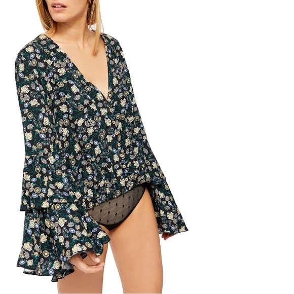 Free People She's Dainty Black Floral Print Long Sleeve Bodysuit - Picture 2 of 14
